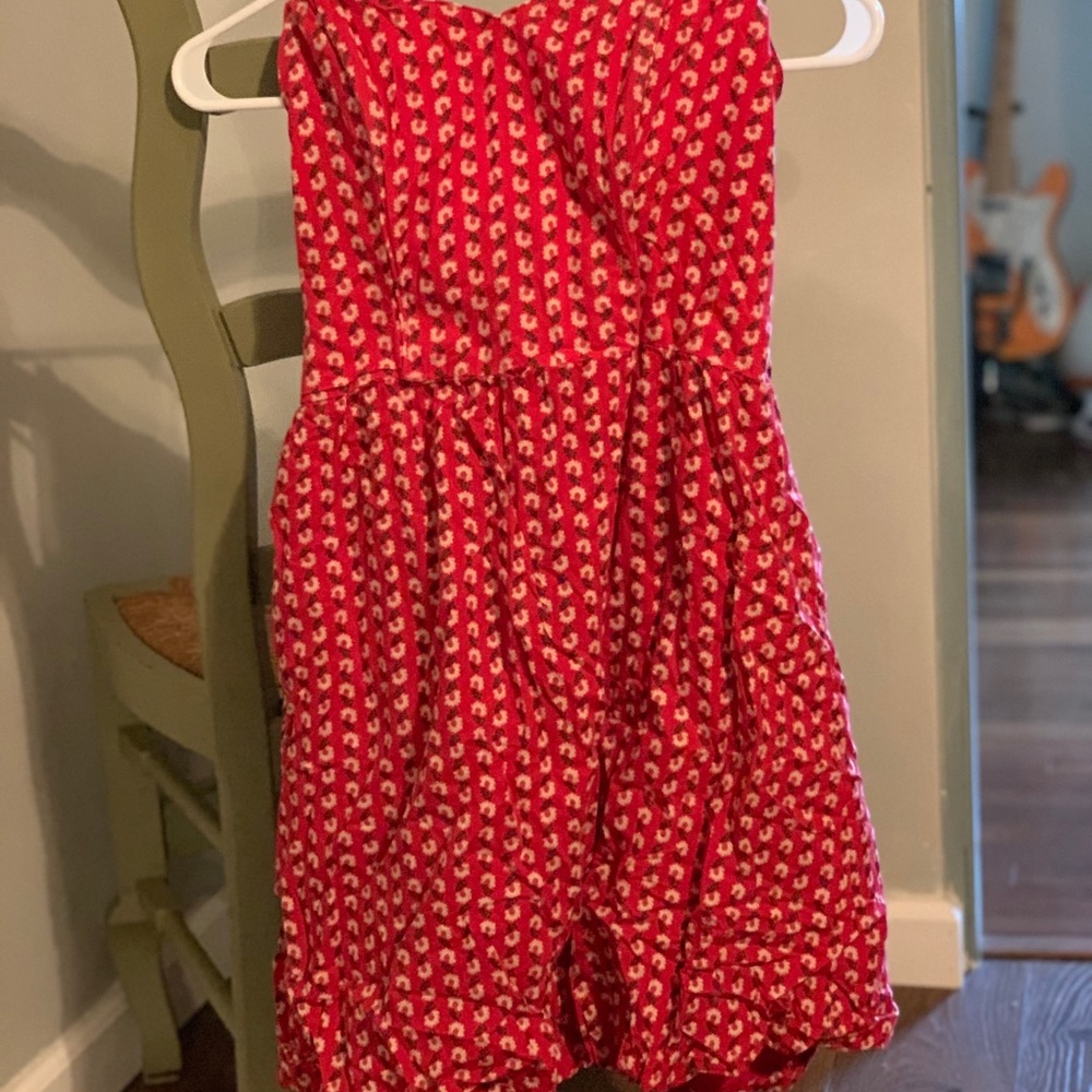 Strapless red floral dress